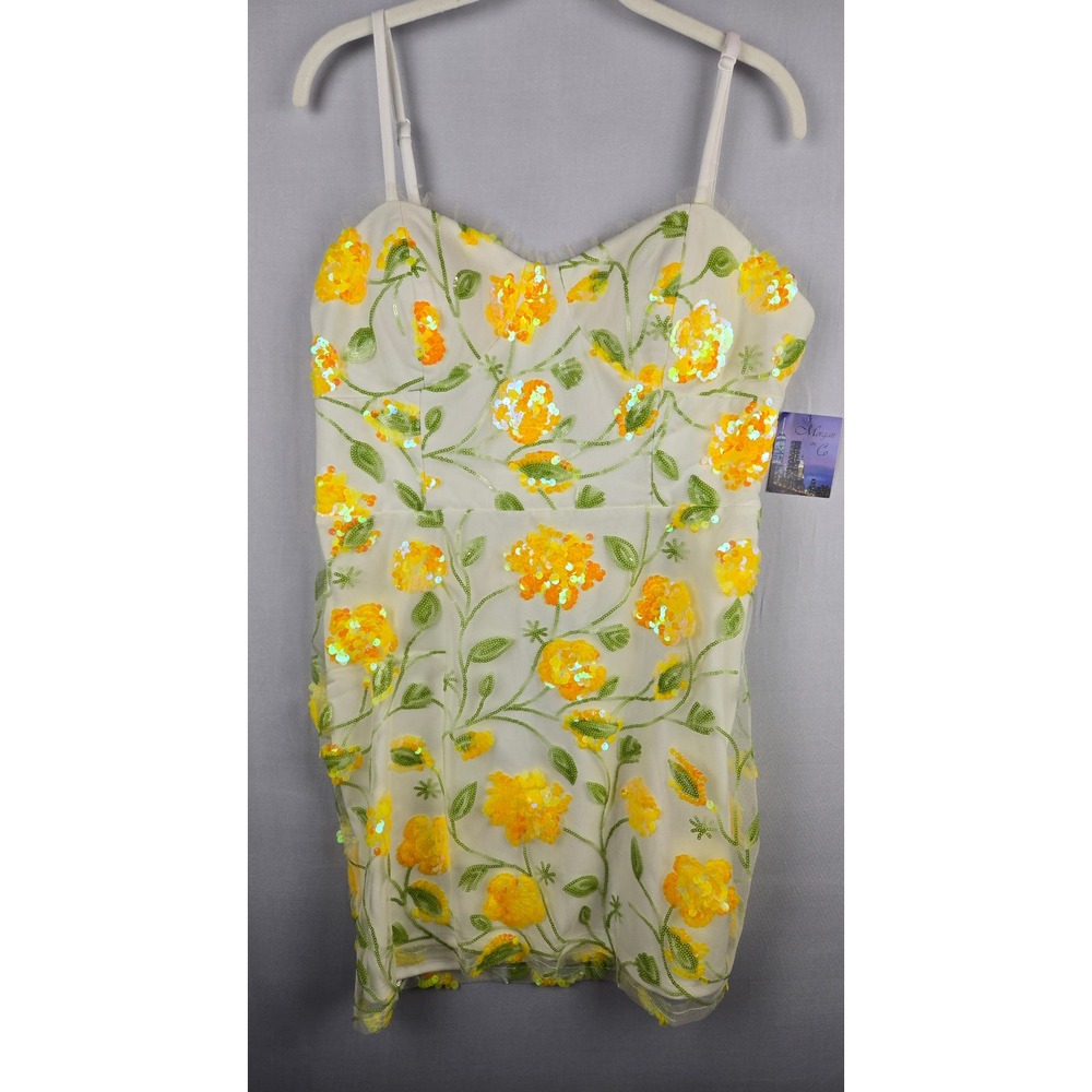Morgan & Co Yellow Floral Sequin Mesh Mini Dress Open Back White Size 13 NWT
